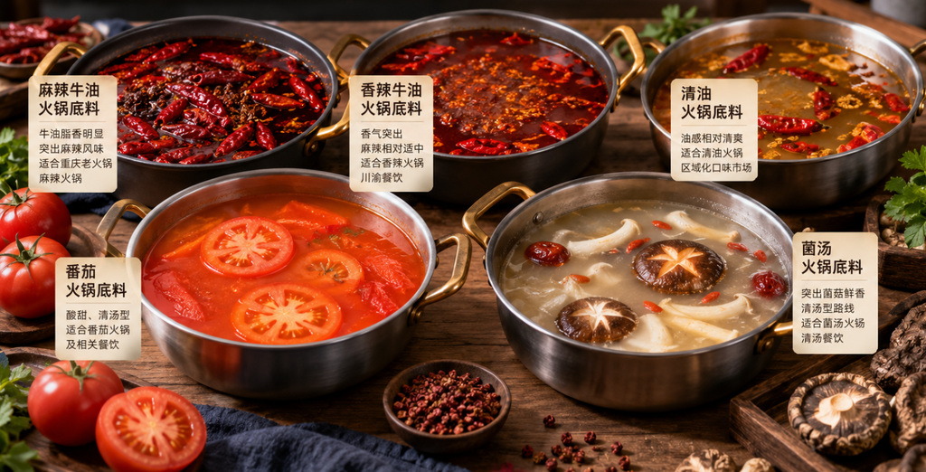 火锅底料产品路线展示，包括麻辣牛油、香辣牛油、清油、番茄和菌汤火锅底料，帮助餐饮门店根据锅型、风味和经营场景进行选择