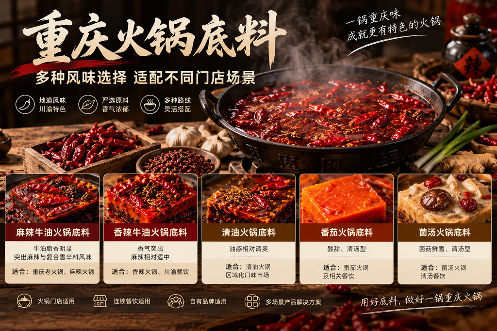 重庆火锅底料产品路线展示，包括麻辣牛油、香辣牛油、清油、番茄和菌汤火锅底料，适用于餐饮门店按锅型与风味进行选品。