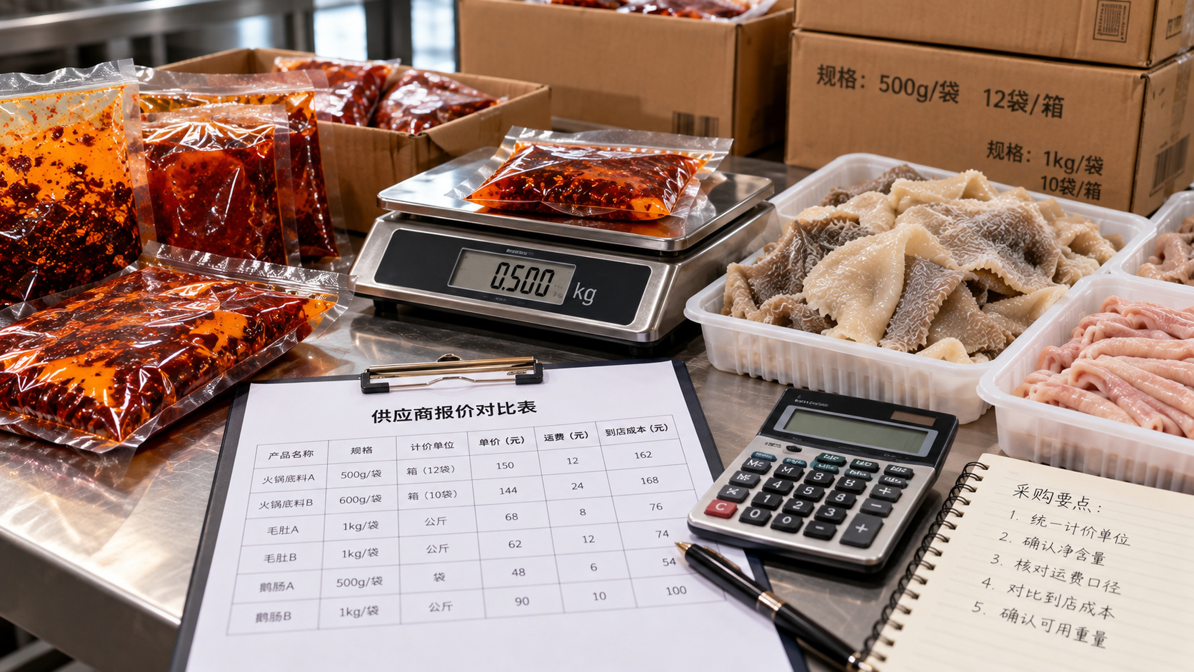 火锅采购报价换算示意,桌面摆放不同规格的无品牌火锅底料包装、毛肚和鹅肠食材,配合电子秤、计算器与采购价格记录表 火锅采购报价换算示意,桌面摆放不同规格的无品牌火锅底料包装、毛肚和鹅肠食材,配合电子秤、计算器与采购价格记录表