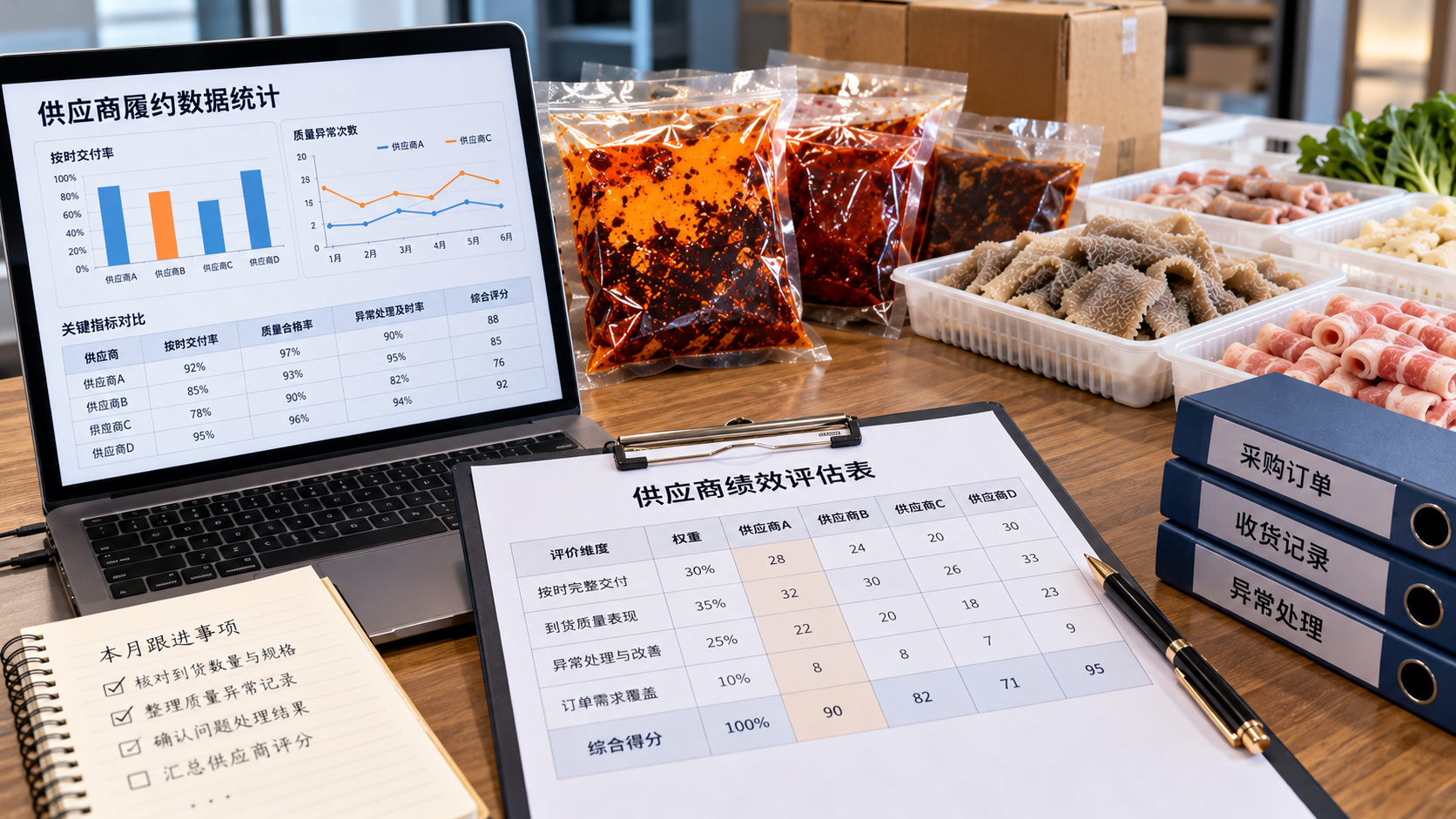 连锁火锅采购供应商履约评估示意，桌面摆放无品牌火锅底料包装、食材收货清单、采购订单和供应商绩效评分表