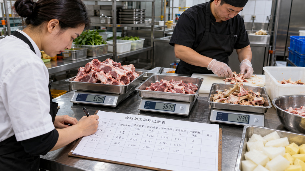 火锅后厨食材加工核算示意场景，电子秤分别称量待处理食材、加工后可用净料和修整废料，旁边放有批次损耗记录表