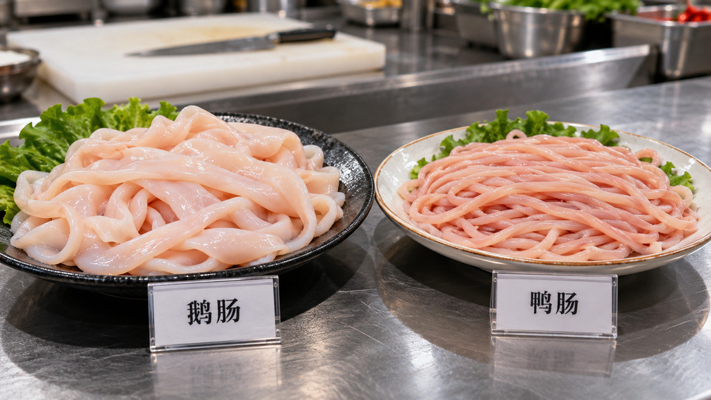 火锅食材采购比较中，两盘分别摆放的鹅肠和鸭肠样品，展示原料长度、宽度、厚薄及切配形态的示意场景