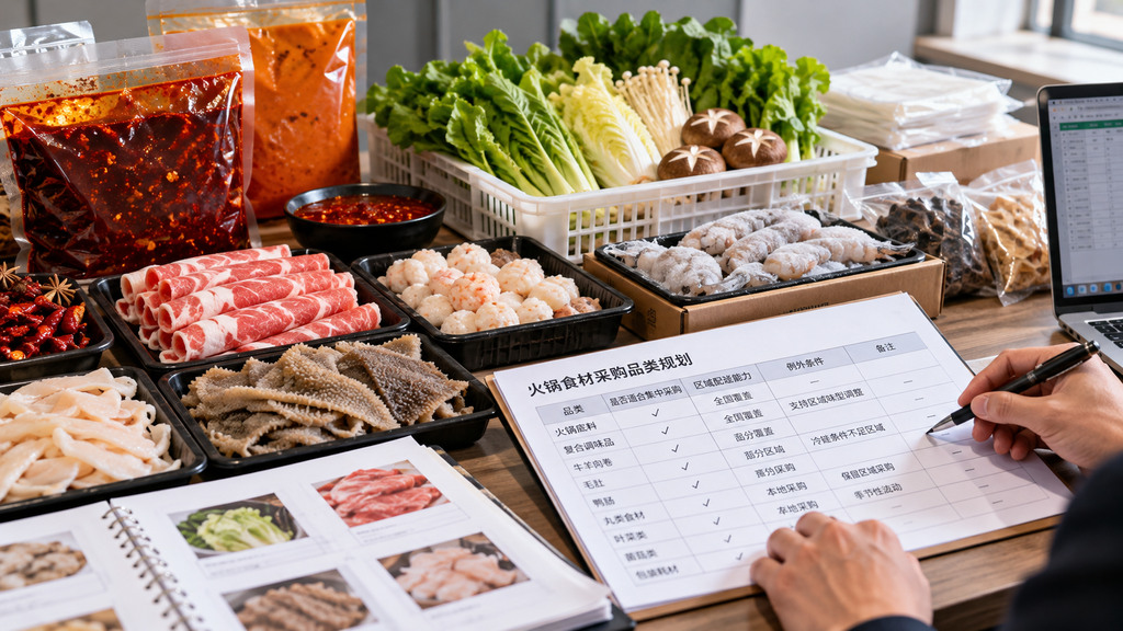 餐饮采购办公桌上摆放火锅底料包装、冷冻食材样品和新鲜蔬菜,旁边有采购分类记录表的示意场景 餐饮采购办公桌上摆放火锅底料包装、冷冻食材样品和新鲜蔬菜,旁边有采购分类记录表的示意场景