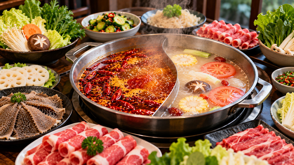 夏季火锅餐桌上的鸳鸯锅,一侧是红亮的牛油麻辣汤底,另一侧是清汤,周围搭配毛肚、牛肉、菌菇、蔬菜和清爽凉菜的示意场景 夏季火锅餐桌上的鸳鸯锅,一侧是红亮的牛油麻辣汤底,另一侧是清汤,周围搭配毛肚、牛肉、菌菇、蔬菜和清爽凉菜的示意场景