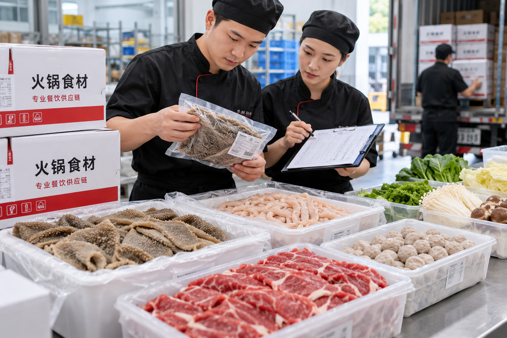 火锅门店采购人员核对毛肚、牛肉等食材的包装规格、到货数量和验收记录