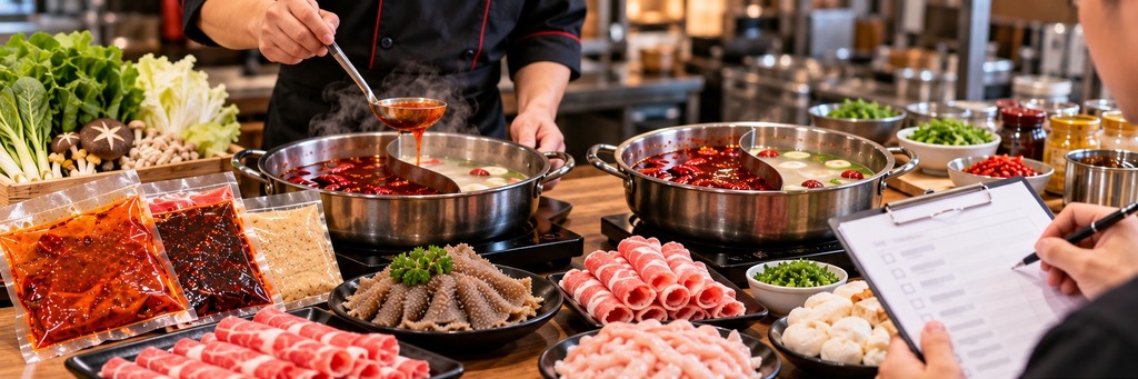 火锅门店工作人员对比两份火锅底料样品,并记录锅底试制效果 火锅门店工作人员对比两份火锅底料样品,并记录锅底试制效果