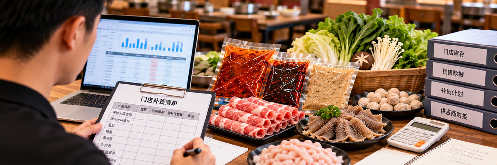 火锅门店采购人员核对底料和食材库存,并在电脑上整理临时补货清单 火锅门店采购人员核对底料和食材库存,并在电脑上整理临时补货清单