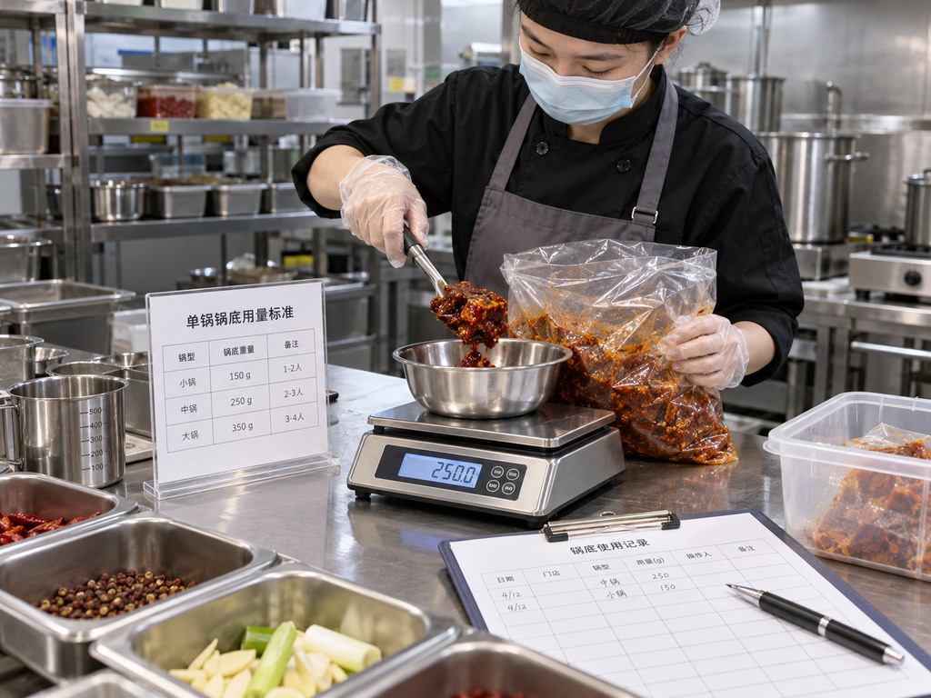 火锅门店后厨操作台上，工作人员使用电子秤称量火锅底料，并对照单锅投料标准卡检查用量
