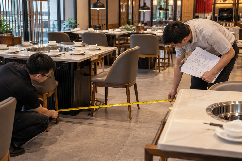 火锅餐厅装修筹备阶段,工作人员根据平面布局图使用卷尺核对圆桌、方桌及座椅之间的通行空间 火锅餐厅装修筹备阶段,工作人员根据平面布局图使用卷尺核对圆桌、方桌及座椅之间的通行空间