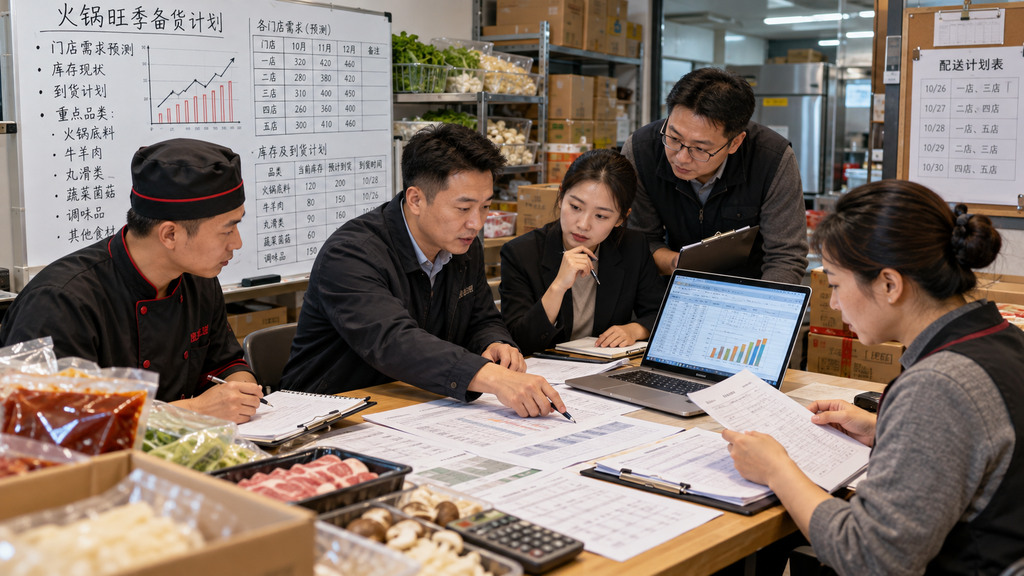 连锁火锅门店运营与采购人员核对底料食材需求、库存记录及供货安排的工作示意 连锁火锅门店运营与采购人员核对底料食材需求、库存记录及供货安排的工作示意