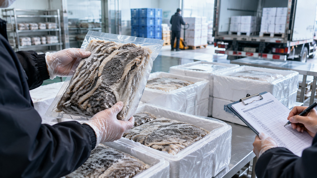火锅食材收货验收示意,工作人员在冷藏收货区域检查无品牌毛肚包装、产品标签及到货记录 火锅食材收货验收示意,工作人员在冷藏收货区域检查无品牌毛肚包装、产品标签及到货记录