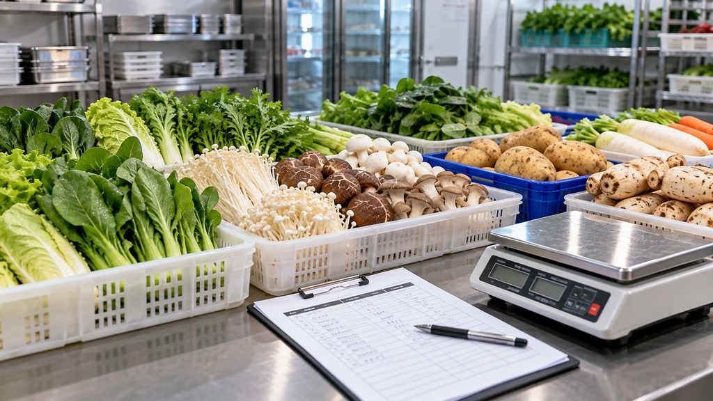 火锅门店蔬菜备货核对示意,分类摆放的叶菜、菌菇和块根类食材旁有电子秤及库存记录表 火锅门店蔬菜备货核对示意,分类摆放的叶菜、菌菇和块根类食材旁有电子秤及库存记录表