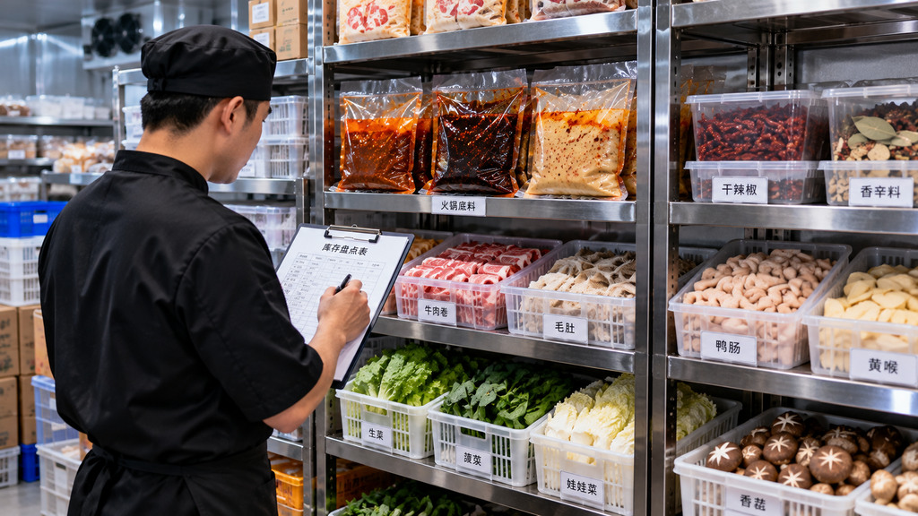 火锅门店仓储货架上分类摆放透明无品牌包装底料及食材周转箱,工作人员核对批次和库存记录的场景示意 火锅门店仓储货架上分类摆放透明无品牌包装底料及食材周转箱,工作人员核对批次和库存记录的场景示意