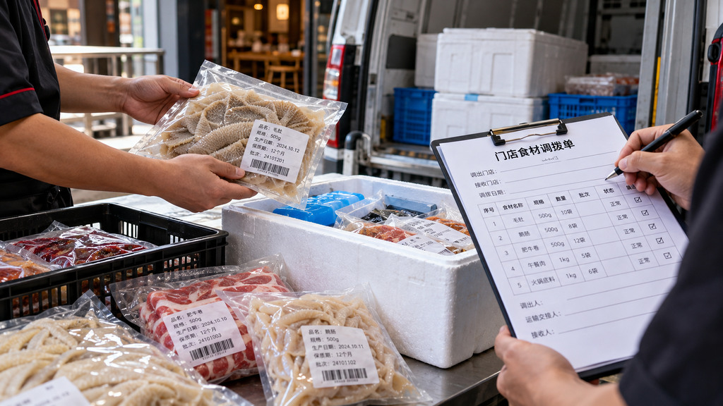 火锅食材跨店调拨前核对原包装批次标签、冷链保温箱和调拨登记单的示意场景