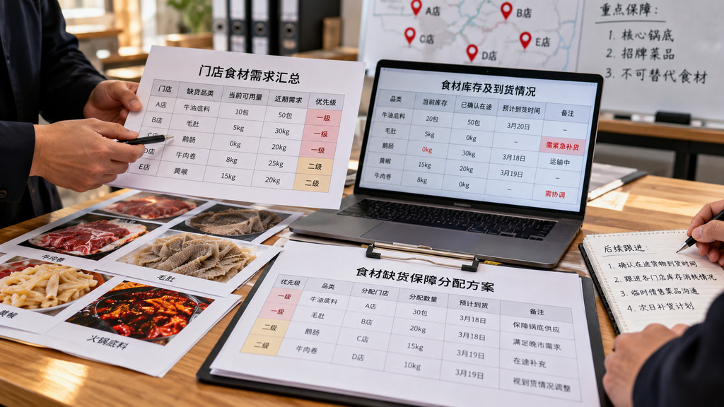 连锁火锅采购工作台上摆放食材库存记录、门店缺货需求表和分配优先级核对单的示意场景 连锁火锅采购工作台上摆放食材库存记录、门店缺货需求表和分配优先级核对单的示意场景