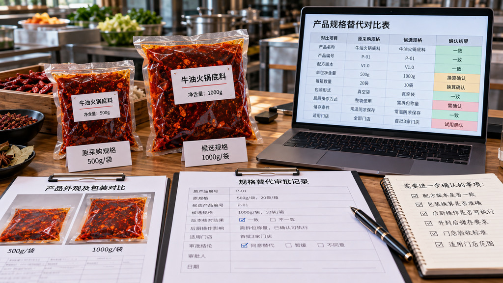 火锅底料不同规格的独立包装样品与产品版本、净含量、装箱数量及替代审批记录进行对照的示意场景