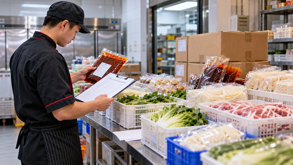 火锅新店开业前,收货人员在整齐摆放的首批食材与调味品旁核对实物规格、配送清单和验收记录的示意场景 火锅新店开业前,收货人员在整齐摆放的首批食材与调味品旁核对实物规格、配送清单和验收记录的示意场景