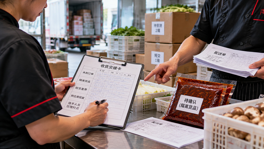 火锅门店收货交接示意场景,工作台上摆放配送单、待收订单记录、异常货品标识卡和待交接清单 火锅门店收货交接示意场景,工作台上摆放配送单、待收订单记录、异常货品标识卡和待交接清单