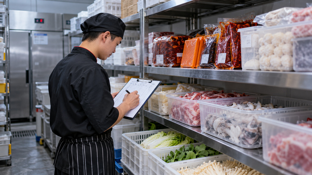火锅门店库管人员在食材存储区核对冻品、底料库存数量及盘点记录的示意场景 火锅门店库管人员在食材存储区核对冻品、底料库存数量及盘点记录的示意场景