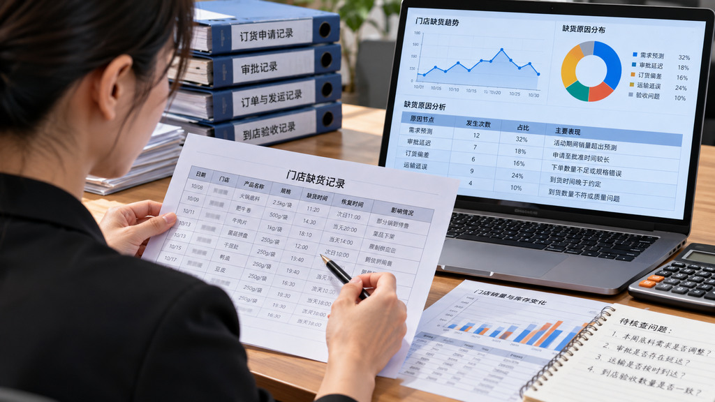 连锁火锅品牌运营人员在办公桌前核对门店缺货记录、订货单和配送签收时间的示意场景 连锁火锅品牌运营人员在办公桌前核对门店缺货记录、订货单和配送签收时间的示意场景