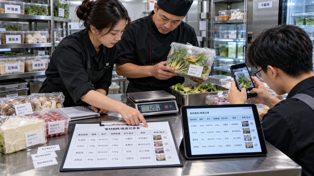 火锅门店食材报损台账示意图,展示食材规格、批次、报损数量、发生环节、原因和审批证据等字段 火锅门店食材报损台账示意图,展示食材规格、批次、报损数量、发生环节、原因和审批证据等字段