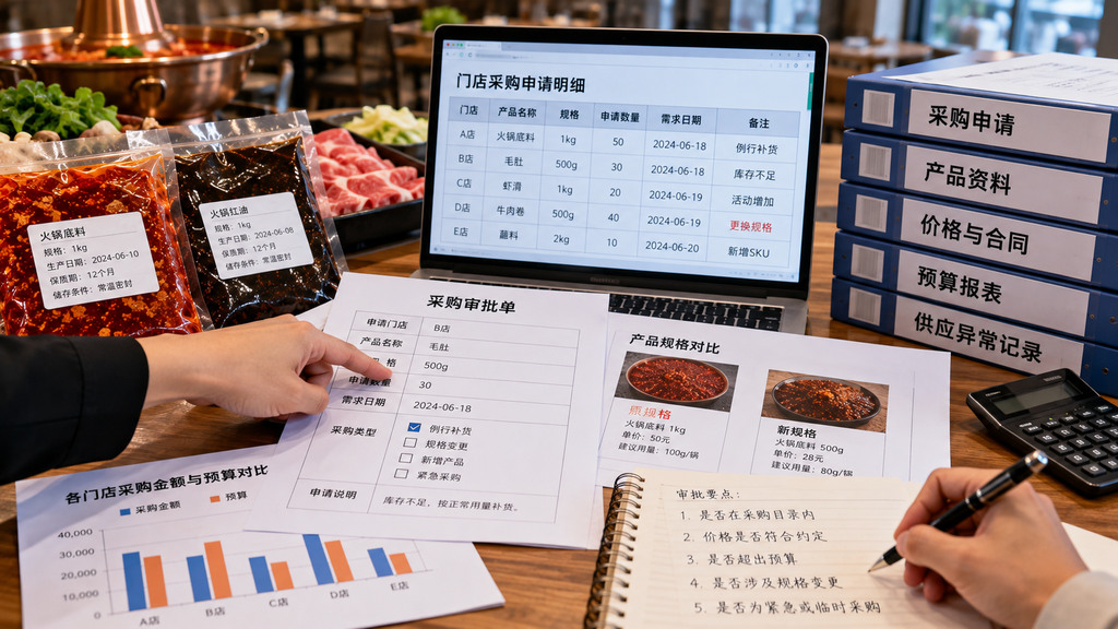 连锁火锅采购办公场景中摆放着门店补货申请、产品规格资料、预算核对表及电脑采购记录的示意图 连锁火锅采购办公场景中摆放着门店补货申请、产品规格资料、预算核对表及电脑采购记录的示意图