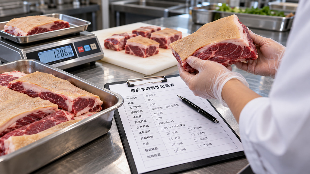 不锈钢食材验收台上摆放带皮牛肉原料、切块样品、电子秤和规格核对记录的示意场景 不锈钢食材验收台上摆放带皮牛肉原料、切块样品、电子秤和规格核对记录的示意场景