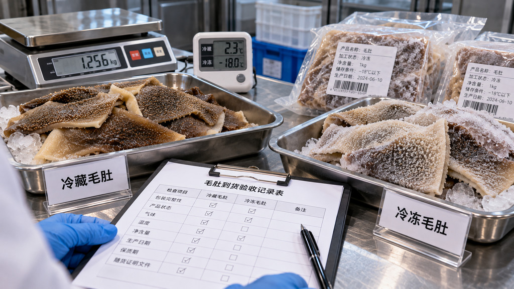 火锅食材采购验收台上分别摆放冷藏毛肚样品和密封冷冻毛肚包装,旁边配有温度计、电子秤及产品状态核对记录的示意场景 火锅食材采购验收台上分别摆放冷藏毛肚样品和密封冷冻毛肚包装,旁边配有温度计、电子秤及产品状态核对记录的示意场景