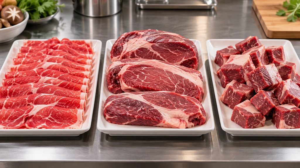 火锅牛肉薄切片、整块牛肉和厚切牛肉块的不同形态对比示意图 火锅牛肉薄切片、整块牛肉和厚切牛肉块的不同形态对比示意图