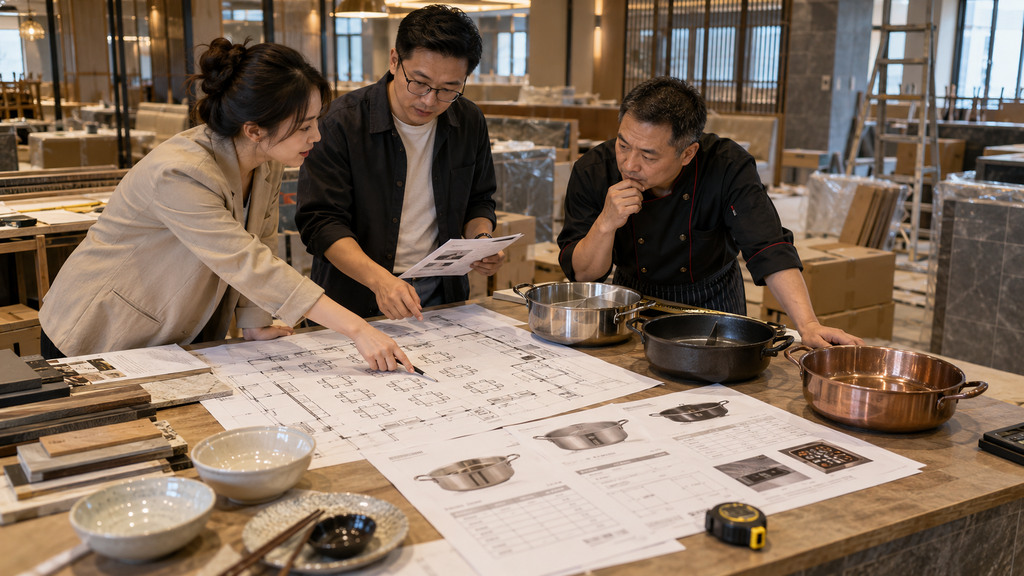 火锅店筹备阶段将餐桌布局图、不同锅型样品和设备规格资料放在一起核对的示意场景 火锅店筹备阶段将餐桌布局图、不同锅型样品和设备规格资料放在一起核对的示意场景