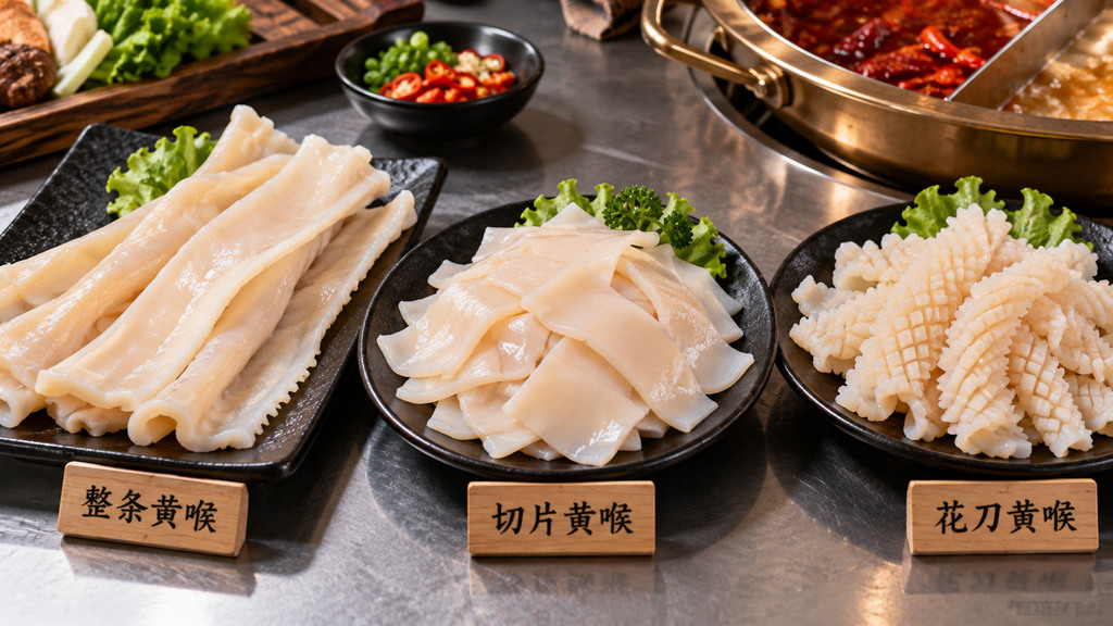 火锅食材采购核对用的整条黄喉、切片黄喉和花刀黄喉三种不同切配形态对比示意图 火锅食材采购核对用的整条黄喉、切片黄喉和花刀黄喉三种不同切配形态对比示意图