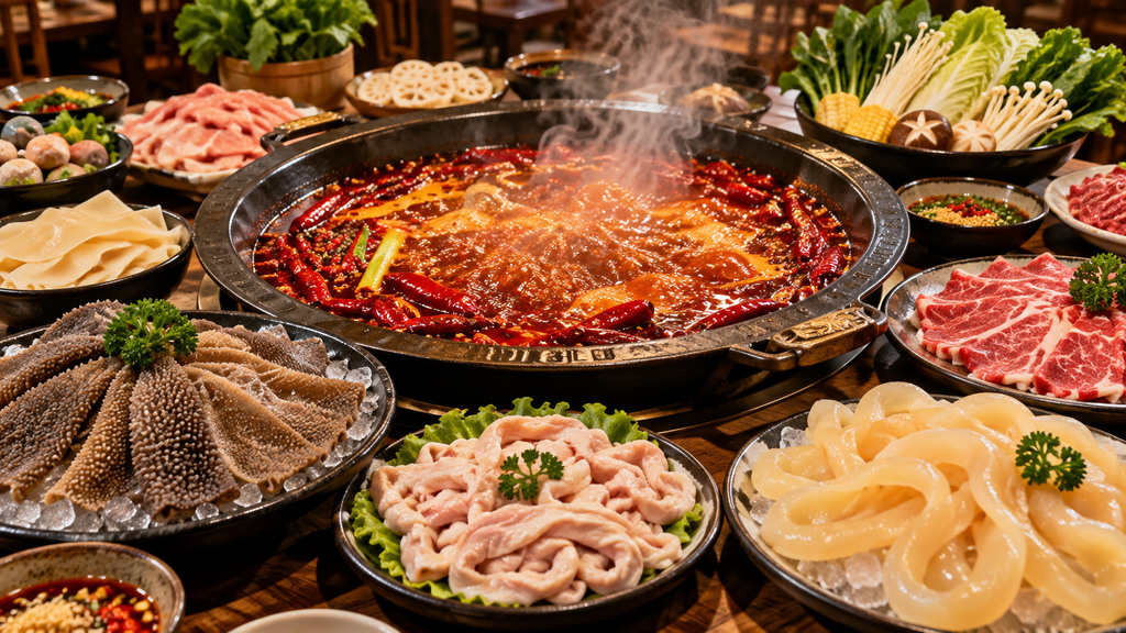 红亮牛油火锅锅底搭配毛肚、鹅肠、黄喉等涮烫食材的餐饮应用示意图 红亮牛油火锅锅底搭配毛肚、鹅肠、黄喉等涮烫食材的餐饮应用示意图
