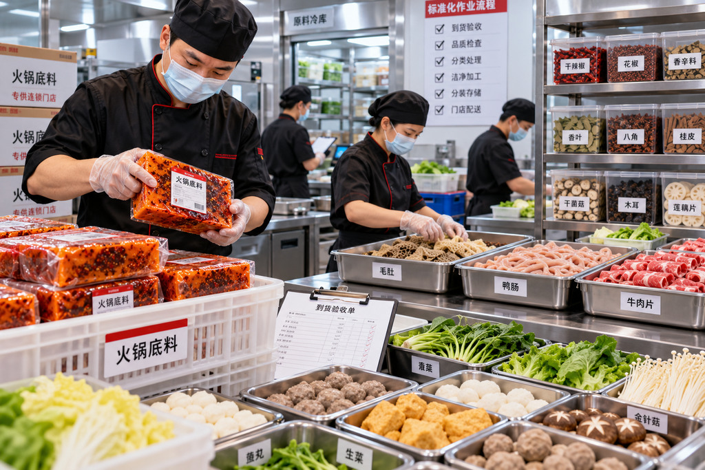火锅连锁门店对底料和核心食材进行统一验收、分拣和备货
